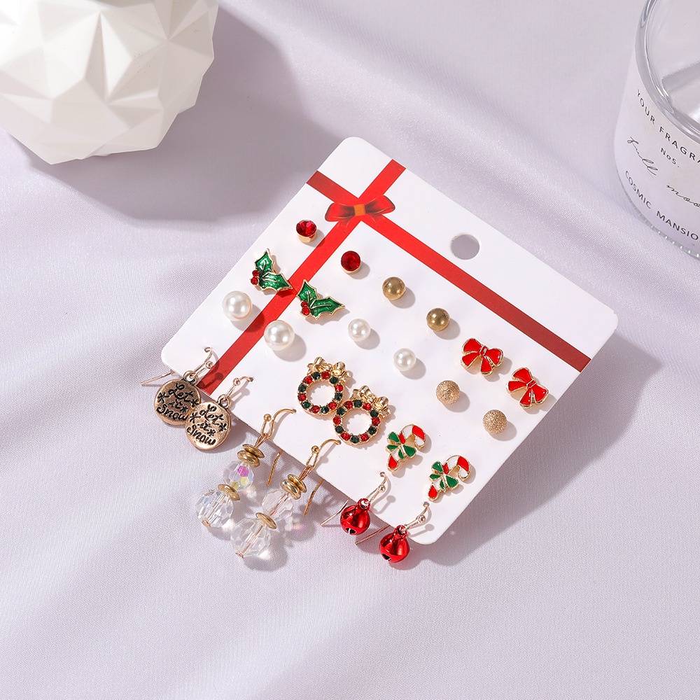 12pcs / Set Anting Tusuk Wanita Desain Pohon Natal / Snowflake / Rusa / Lonceng Untuk Pesta / Hadiah