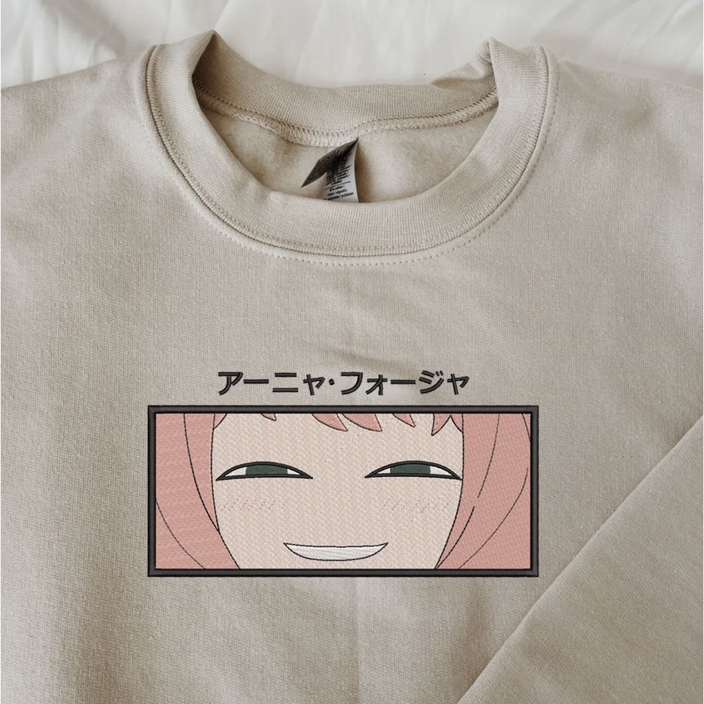 Crewneck Anya Smirk Embroidery Cream Anime Manga Spy X Family Premium Unisex