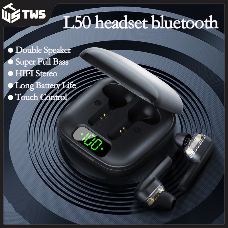 (1 Year Warranty)L50 TWS Headset Bluetooth 5.2 Full Bass 9D Stereo HIFI Waterproof Wlireless Earphone Noise Cancellation Earbuds Sweat Resistant Volume Control Built-in Mic