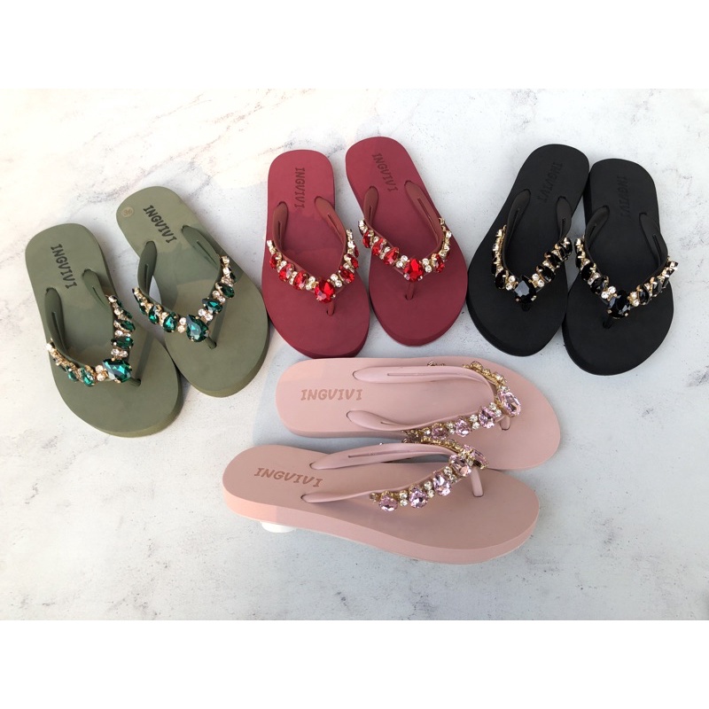 Ingvivi Swarovski Flat Polos Sandal Jepit Wanita Karet Import Manik Berlian Motek - 158-9