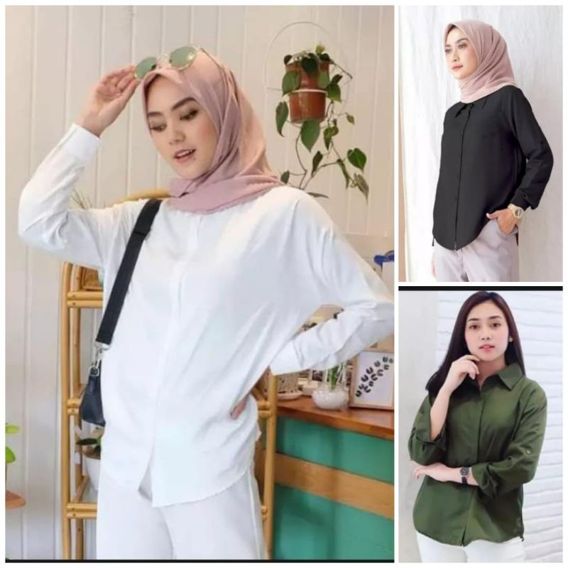 Kemeja Wanita Polos Lengan Panjang Casual Putih Hitam Moscrepe