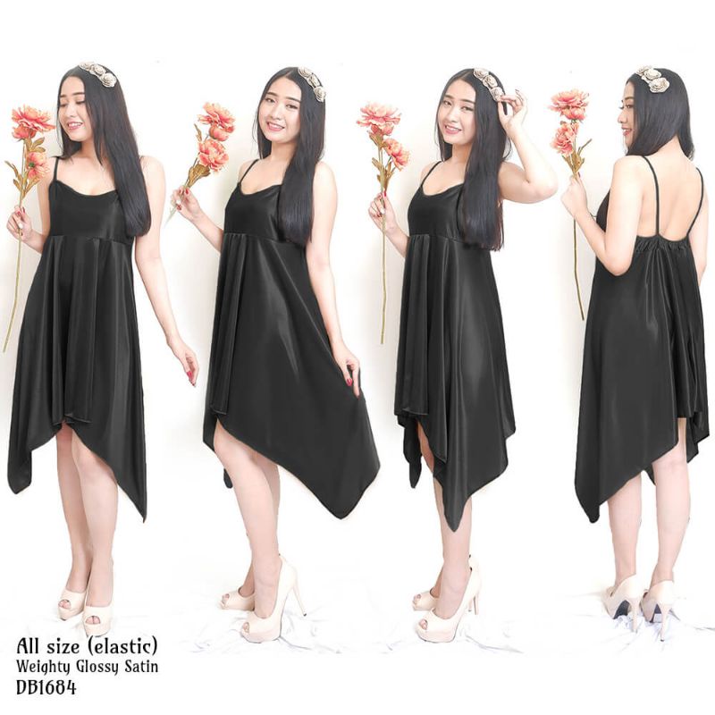Daster wanita sexy baju tidur satin allsize rumbai hitam 1684BDR