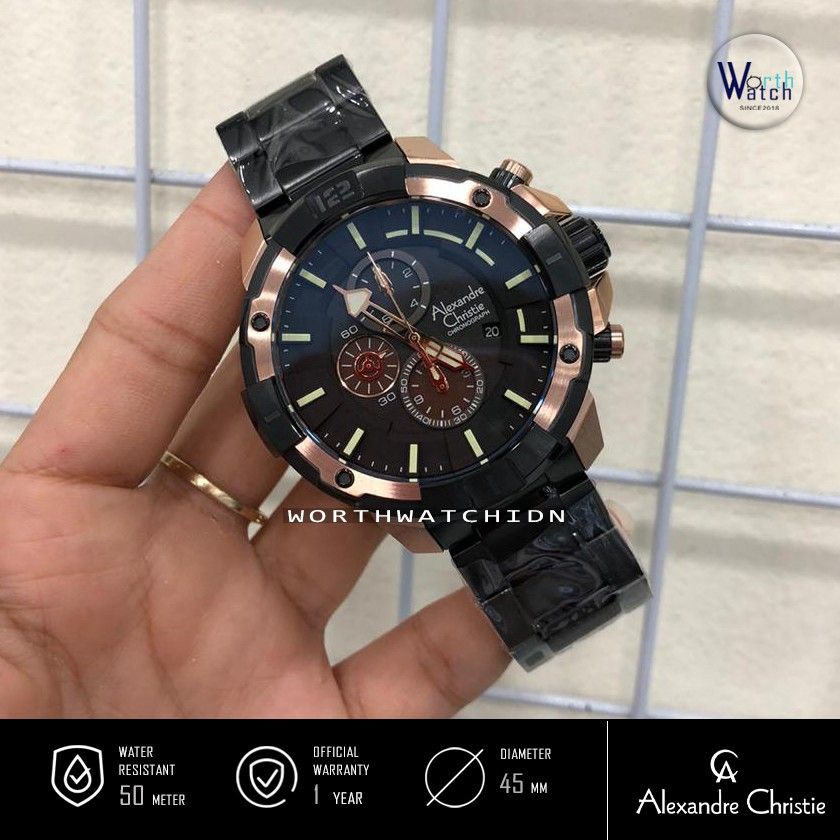 Jam Tangan Pria Alexandre Christie Chronograph Black Stainless Steel Original AC-6551