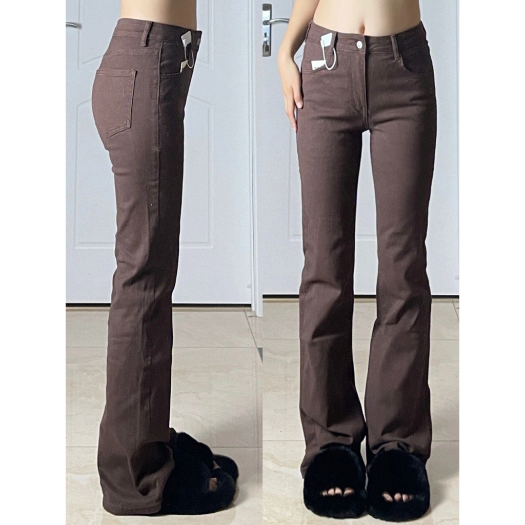 Cokelat skinny high waist cutbray celana jeans panjang wanita