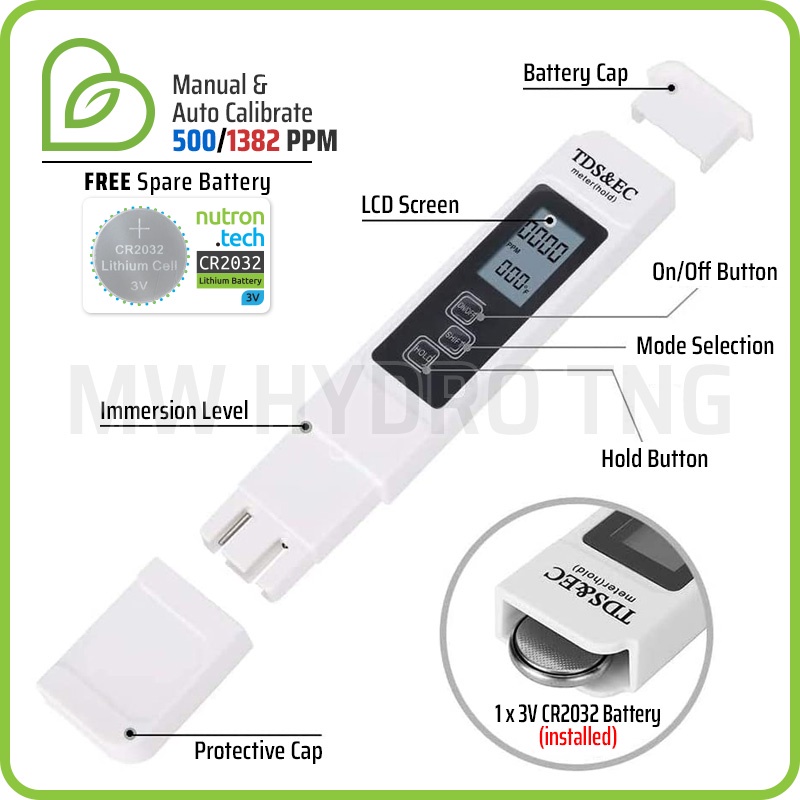 TDS &amp; EC Meter EZ-1, Alat Ukur Air / Nutrisi Hidroponik, Auto Calibration