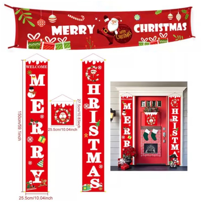 Banner Spanduk Merry Christmas Outdoor Dekorasi Natal Krans Pintu Kaca Hiasan Natal Harga Grosir Termurah