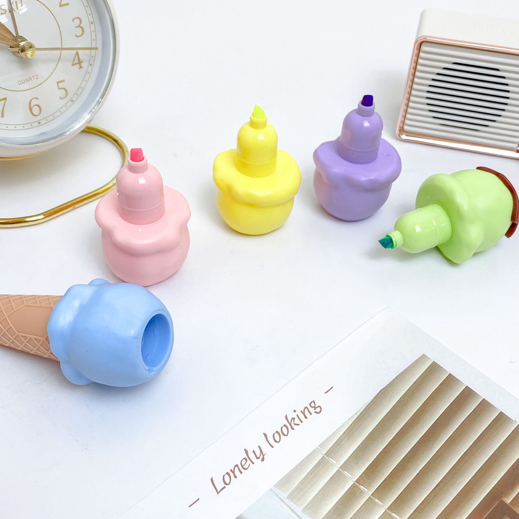 HIGHLIGHTER SUSUN ES KRIM CONE / 1 SET ISI 5 PCS HIGHLIGHTER PEN / TEXT MARKER / SETABILO / PENANDA 