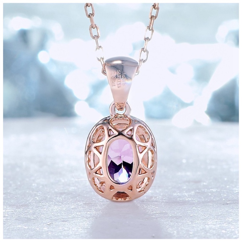 Kalung Lapis Rose Gold Emas Asli Kadar 375Hias Liontin Kristal Turmalin Pink Untuk Wanita