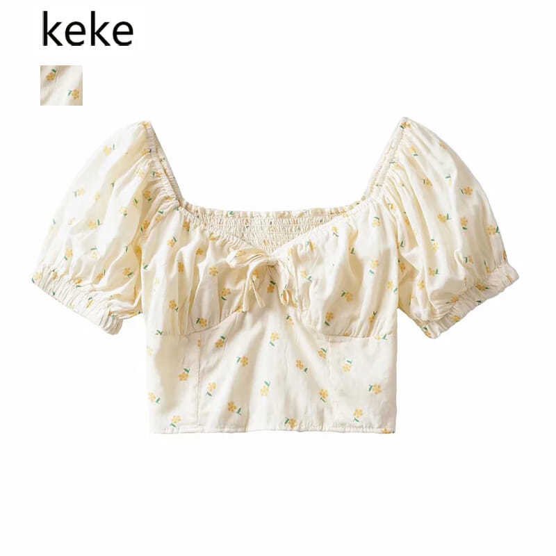 # Sisjuly # Kemeja Lengan Engah Bunga Kecil Bergaya Pakaian, Perasaan Feminin Retro Kerah Persegi, P