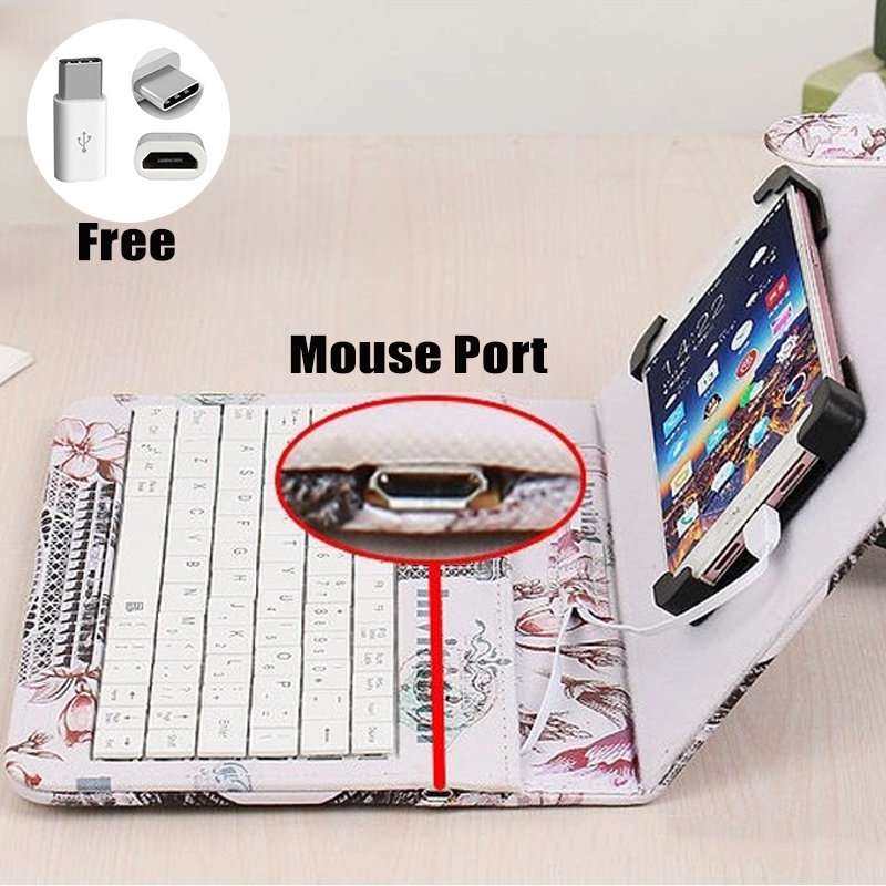 Type-C/Micro-Usb Telepon Kabel Keyboard Mouse Set Dengan Penutup Kulit PU Untuk Ponsel Android Keyboard Dan Mouse Dengan Fungsi OTG Untuk Pembelajaran Kelas Online Rumah Kantor