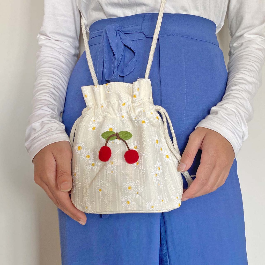 DELUNA Slingbag Tas Selempang Cotton Bordir Dumpling Mini Kecil Daisy Aksesoris Cherry Wanita Remaja Cute Baekhyun Fashion Korean Sling Bag Style Kekinian Chikoisme