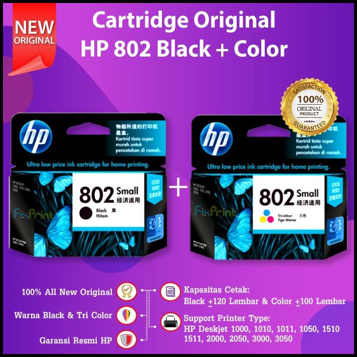 Set Cartridge Hp 802 Black Color Tinta Printer Deskjet 2050 3050 1010