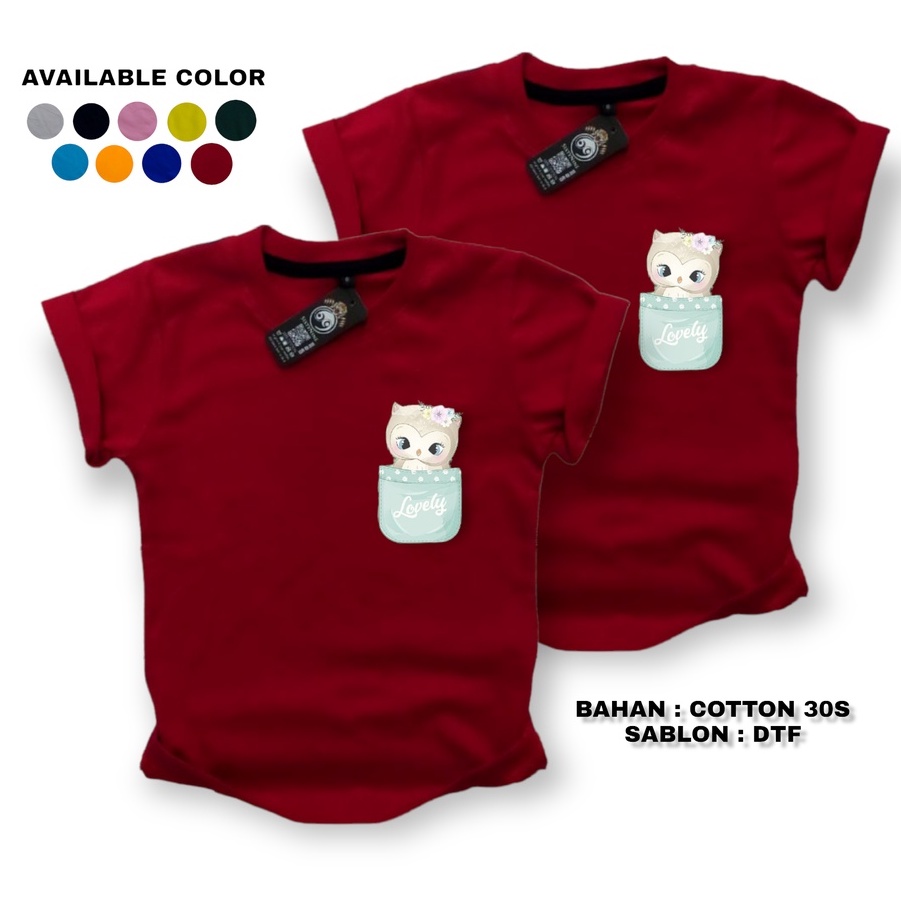 KAOS ANAK MOTIF SAKU BURUNG HANTU LUCU SABLON DTF TEBAL BANYAK PILIHAN WARNA
