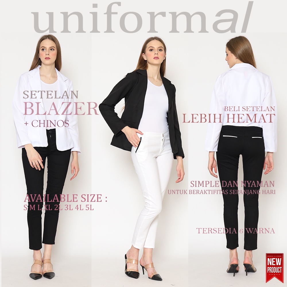 Setelan Blazer Panjang Dan Celana Chino Wanita, Stelan Jas Satu Setel Clana Chinos Cewek Perempuan Stretch Katun Twill Skiny Melar Formal Korea Terbaru Trendy Terbaik Premium