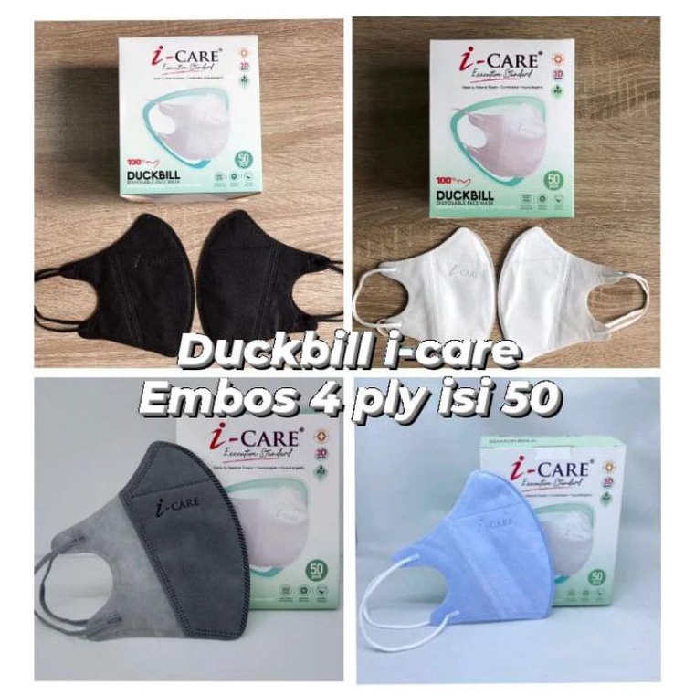 READY MASKER DUCKBILL ICARE I CARE 4 PLY HITAM PUTIH ABU BIRU SOFT MUDA KUNING PEACH MATCHA NAVY ADA EMBOS ICARE ISI 50 LBR PER BOX