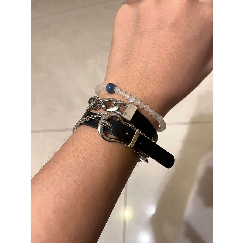Gelang Bangles Bahan Kulit Dan Stainless Steel Gaya Punk Hip Hop Untuk Wanita