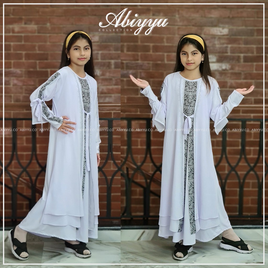 Abiyyuco TA9003A | Gamis Abaya Turki Baju Muslim Anak dan Remaja Perempuan Putih Turkey umur 4, 5, 6, 7, 8, 9, 10, 11, 12, 13 Tahun Lebih