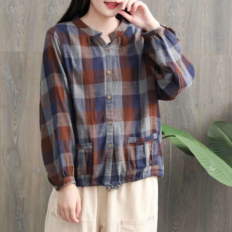 MDLV ~9872# Darlyn Double Cloth Shirt Blouse Kemeja Kotak Import