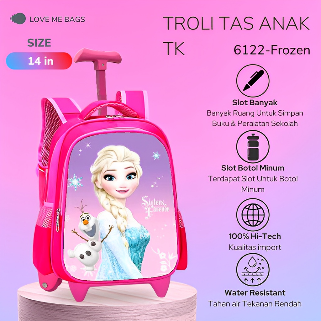 LMB Tas Troli Anak Sekolah Perempuan TK Bahan Nilon Premium Karakter Lucu Bagian Depan Timbul 6D