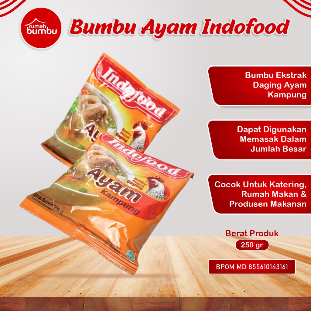 

Bumbu Ekstrak Daging Ayam Kampung Indofood 250 Gram Bumbu Penyedap Rasa Ayam Bumbu Pelezat Masakan Enak Halal BPOM