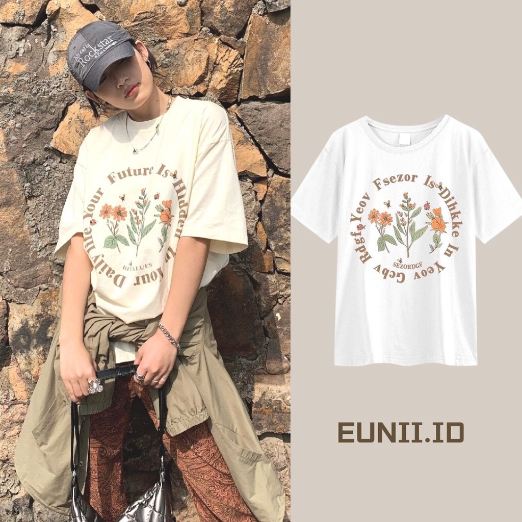 EUNII T-shirt Lengan Pendek Segar Bunga-bunga Pencetakan Korea Longgar /Kaos Atasan Wanita/Baju Kaus Oversize Wanita