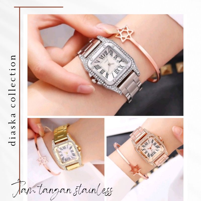 Jam Tangan Wanita Mewah Stainless Kotak Romawi (009SL)