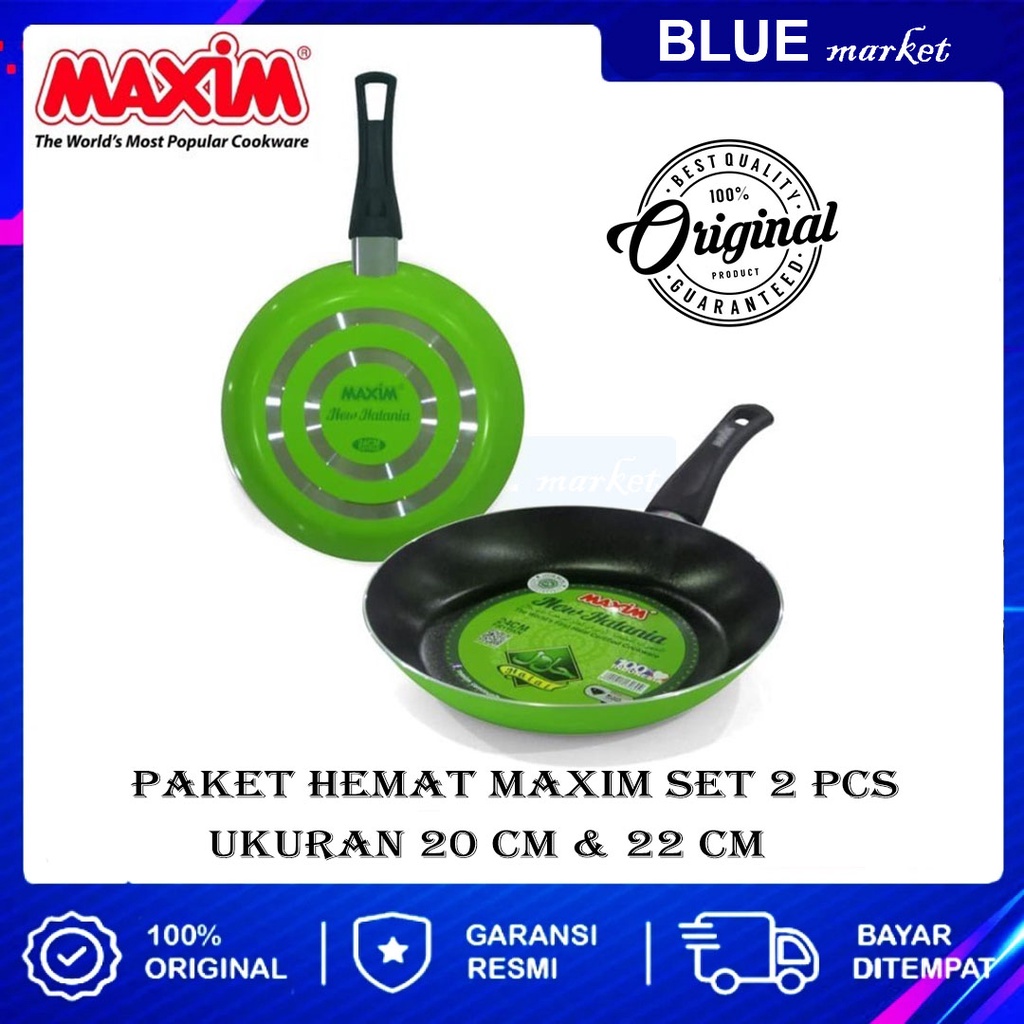 Maxim Halania Set 2 pcs Frypan / Panci Wajan Penggorengan Anti Lengket Teflon Halal 20 &amp; 22 cm (Hijau) Cuci Gudang