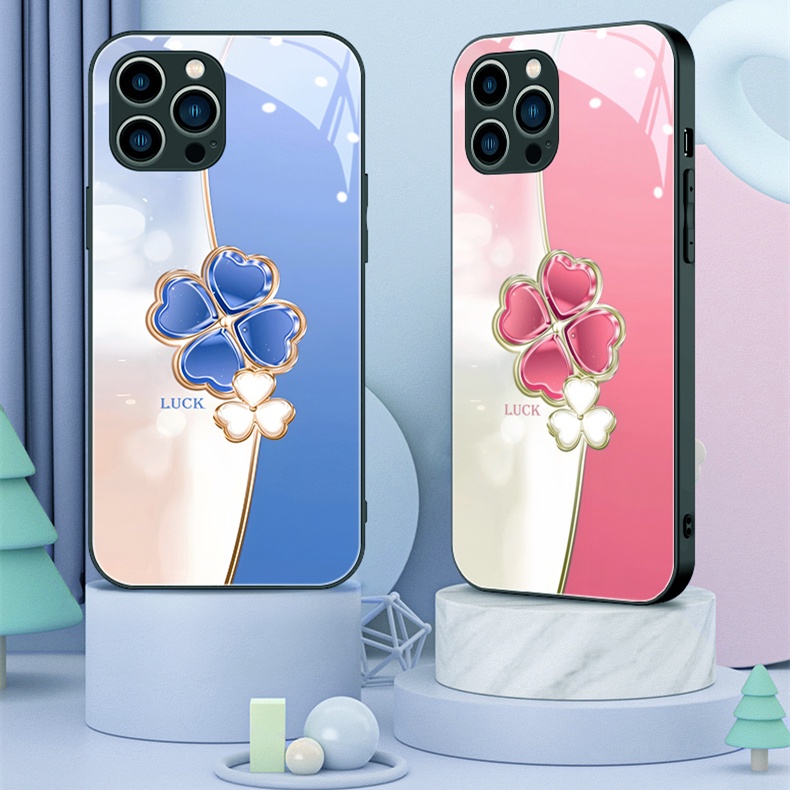 Hard Case Tempered Glass Motif Lucky Clover Untuk iPhone 14 Pro Max 14 Plus 13 12 11 Pro Max X Xr Max