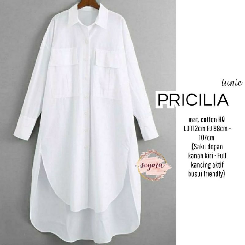 Pricilia Tunic, TUNIK PUTIH WANITA MUSLIM POLOS CANTIK FIT XXL LD 112 BAHAN KATUN IMPORT TERMURAH OOTD TERLARIS