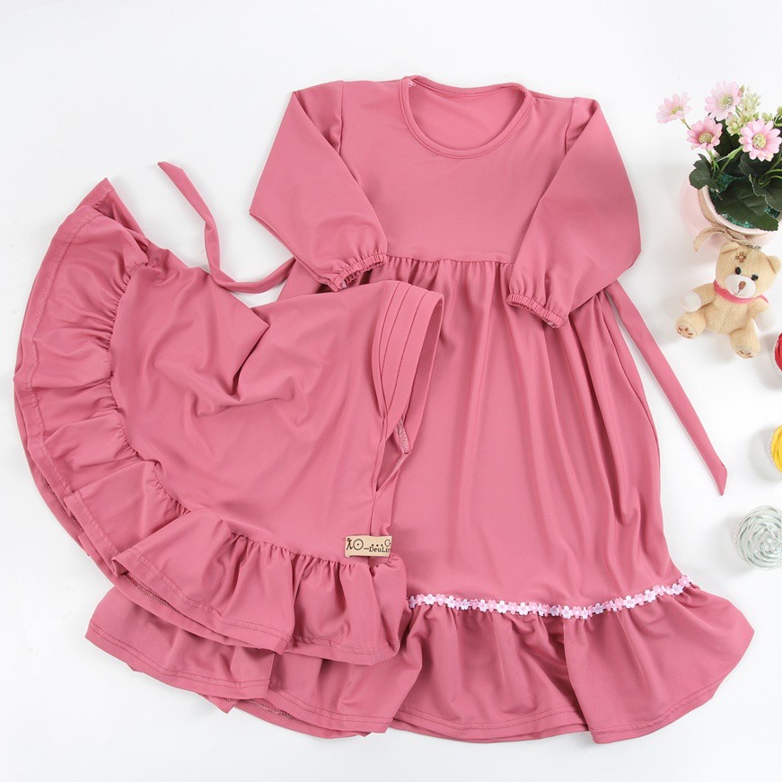 set gamis anak polos free hijab umur 2 - 3 tahun