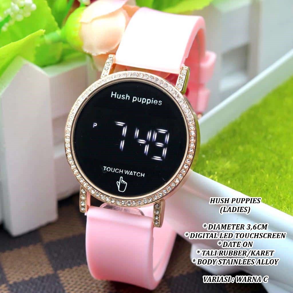 (BISA COD) JAM TANGAN WANITA HUSH PUPPIES TALI RUBBER BODY BULAT LED TANGGAL AKTIF