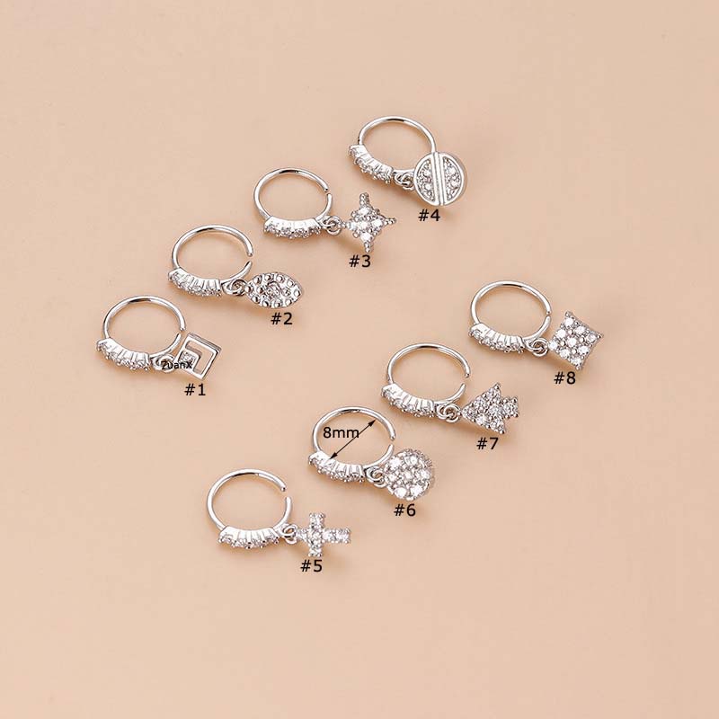 1pc Anting Hoop Hidung 8mm Tanpa Kunci Desain Salib Bahan Tembaga Hias Zircon