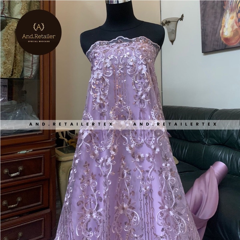Bahan Kebaya Mewah Kain Brokat Tile Payet Elizabeth Warna Lilac