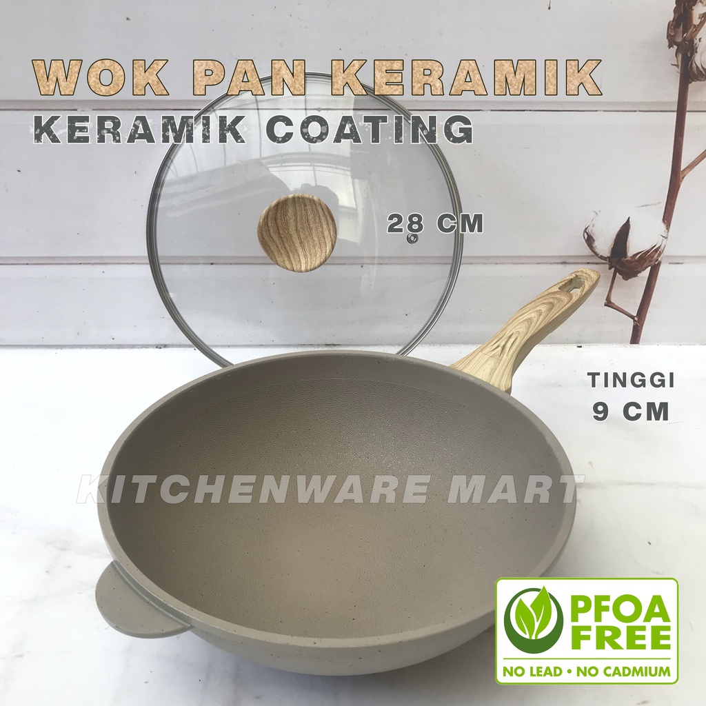 Wokpan Keramik 28 cm Tutup Kaca Wok Ceramic PFOA FREE - Wajan Keramik Panci wajan Penggorengan Fry
