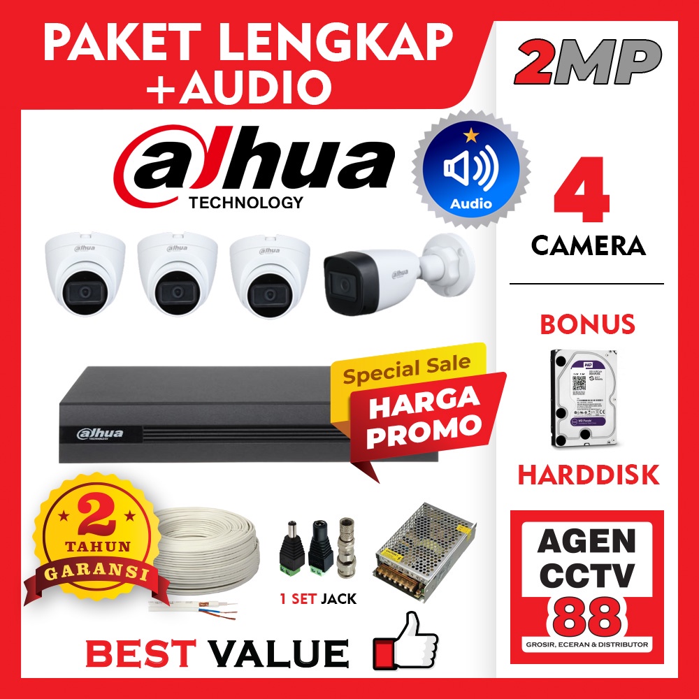 Paket CCTV DAHUA AUDIO MIC 2MP 4CH 4 Channel Kamera Lengkap Kabel +Harddisk