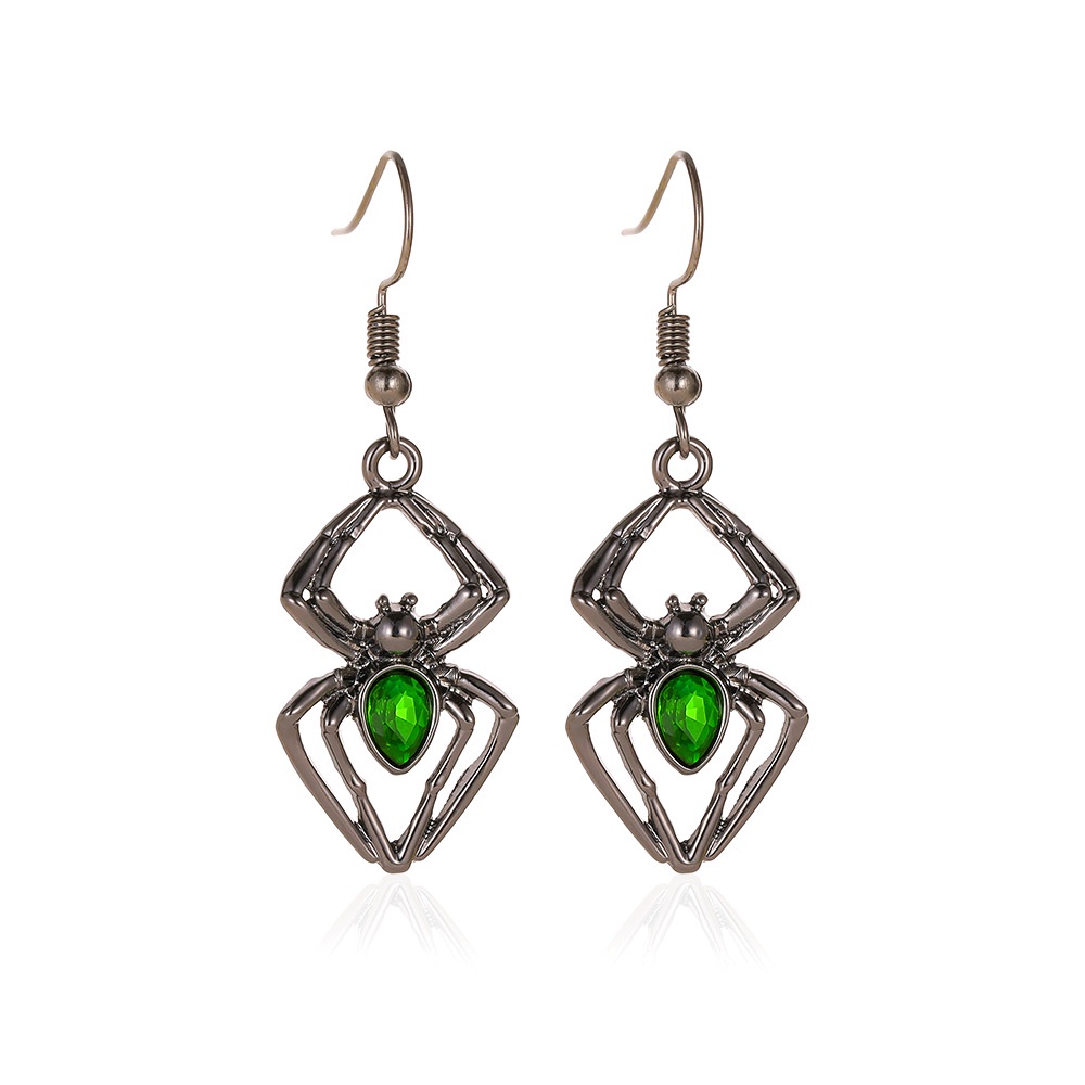 Set Perhiasan Kalung Anting Cincin Desain Laba-Laba Emerald Gaya Retro Untuk Halloween