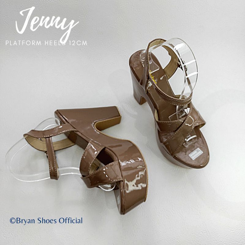 Bryan Jenny Glossy Platform Heels Silang 12cm Hak Tahu Kelom Berkualitas Sol Tebal
