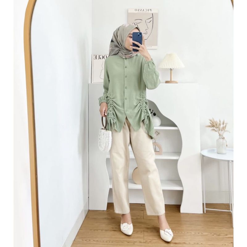 Olivia Shirt Linen Pocket Kemeja Oversize Wanita Tali Serut Depan Import