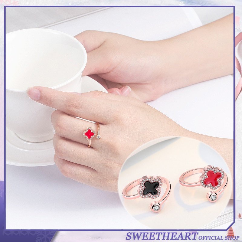 Cincin S925 Silver Bentuk Daun Clover Warna Rose Gold Gaya Korea Untuk Wanita