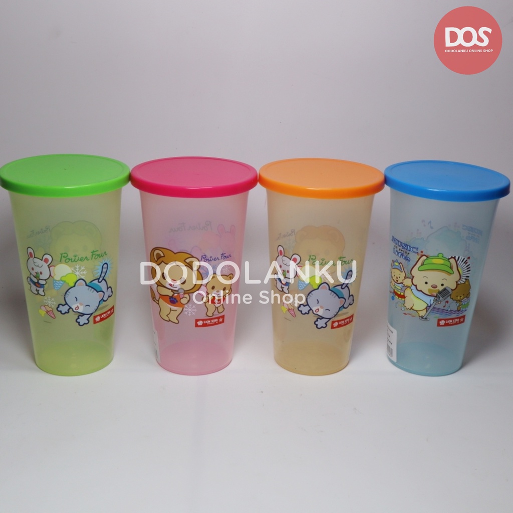 Gelas Minum Plastik + Tutup/Gelas Minum /Funcy Cup Large 400 ml LION STAR