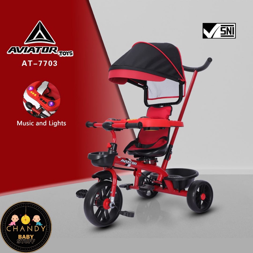 SEPEDA RODA TIGA TRICYCLE AT 7703 AVIATOR (ADA PENGAMAN, KURSI BISA PUTAR, LAMPU DAN MUSIK)
