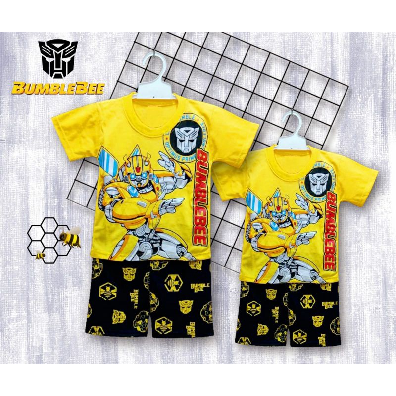 SETELAN ANAK TRANFORMERS BUMBLEBEE PENDEK DAPAT TOPENG/ SETELAN AJA/ TOPENG AJA USIA 1-10THN