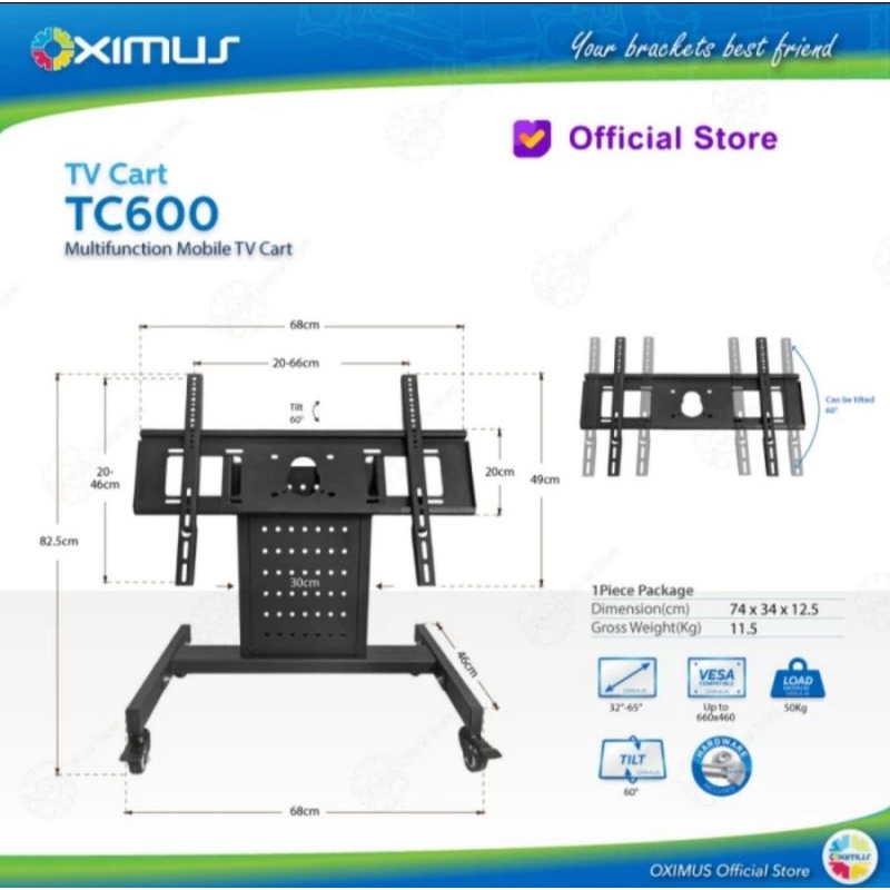 Bracket LED TV Monitor Stand Roda Panggung Oximus TC600 32&quot;-65&quot;