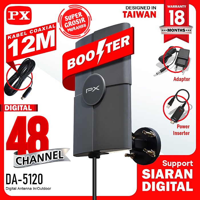 Antena TV Indoor Outdoor PX DA-5120 Digital TV dengan Booster dan Power Inserter