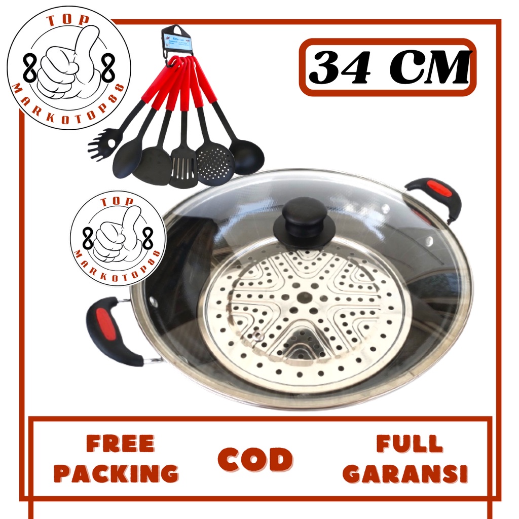 WAJAN PENGGORENGAN SET ENAMEL 34 CM GSF 3410 WOK WAJAN PANCI KUKUS KUALI PENGGORENGAN SET TUTUP KACA