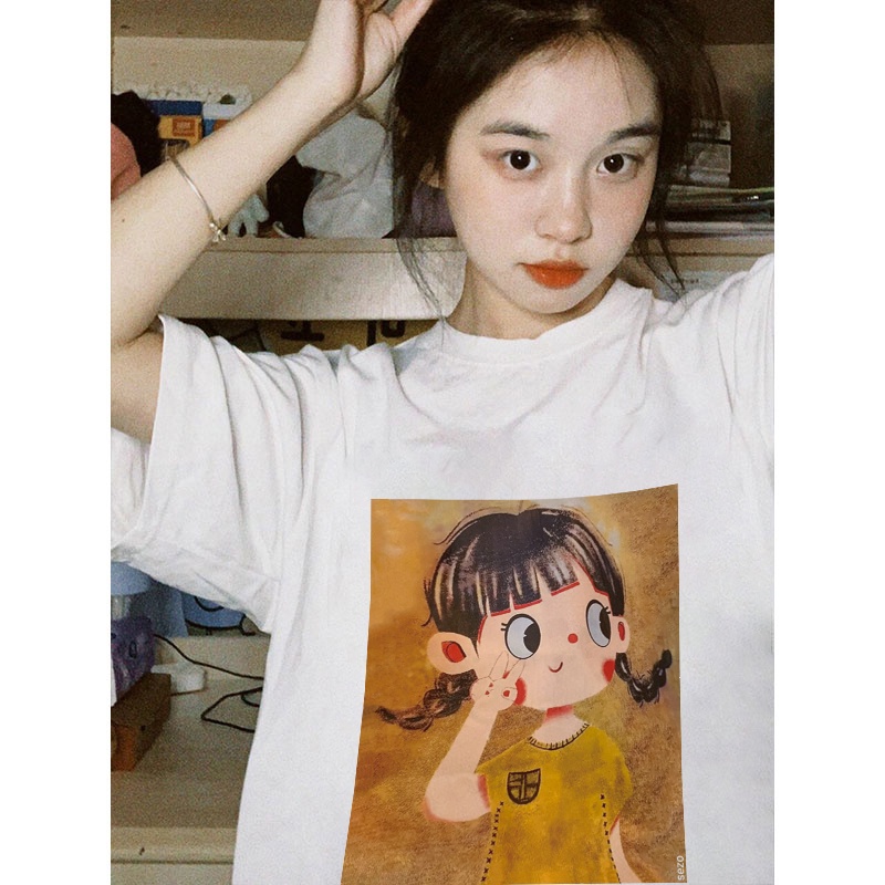 EUNII T-shirt Lengan Pendek Imut Gadis Kecil Pencetakan Longgar Korean Style/Kaos Atasan Wanita/Baju Kaus Oversize Wanita