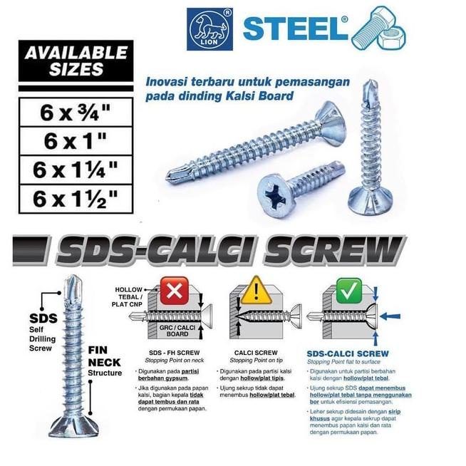 x100pcs Sekrup 6x1.25 Roofing SDS Calci Screw GRC Kalsiboard 3.2cm