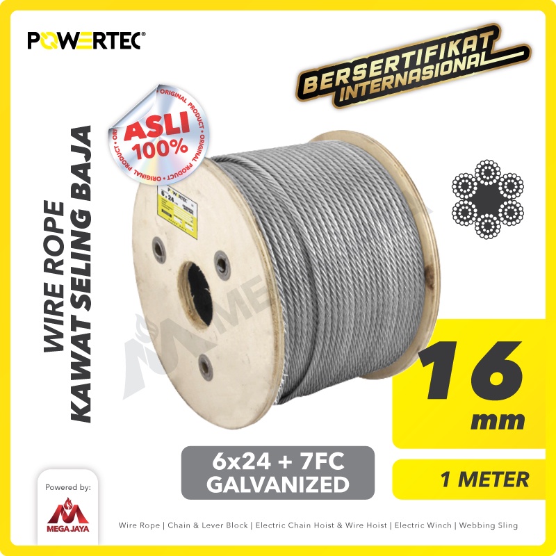 POWERTEC Wire Rope / Kawat Seling Baja 6x24 7FC 16mm Galv - 1 Meter