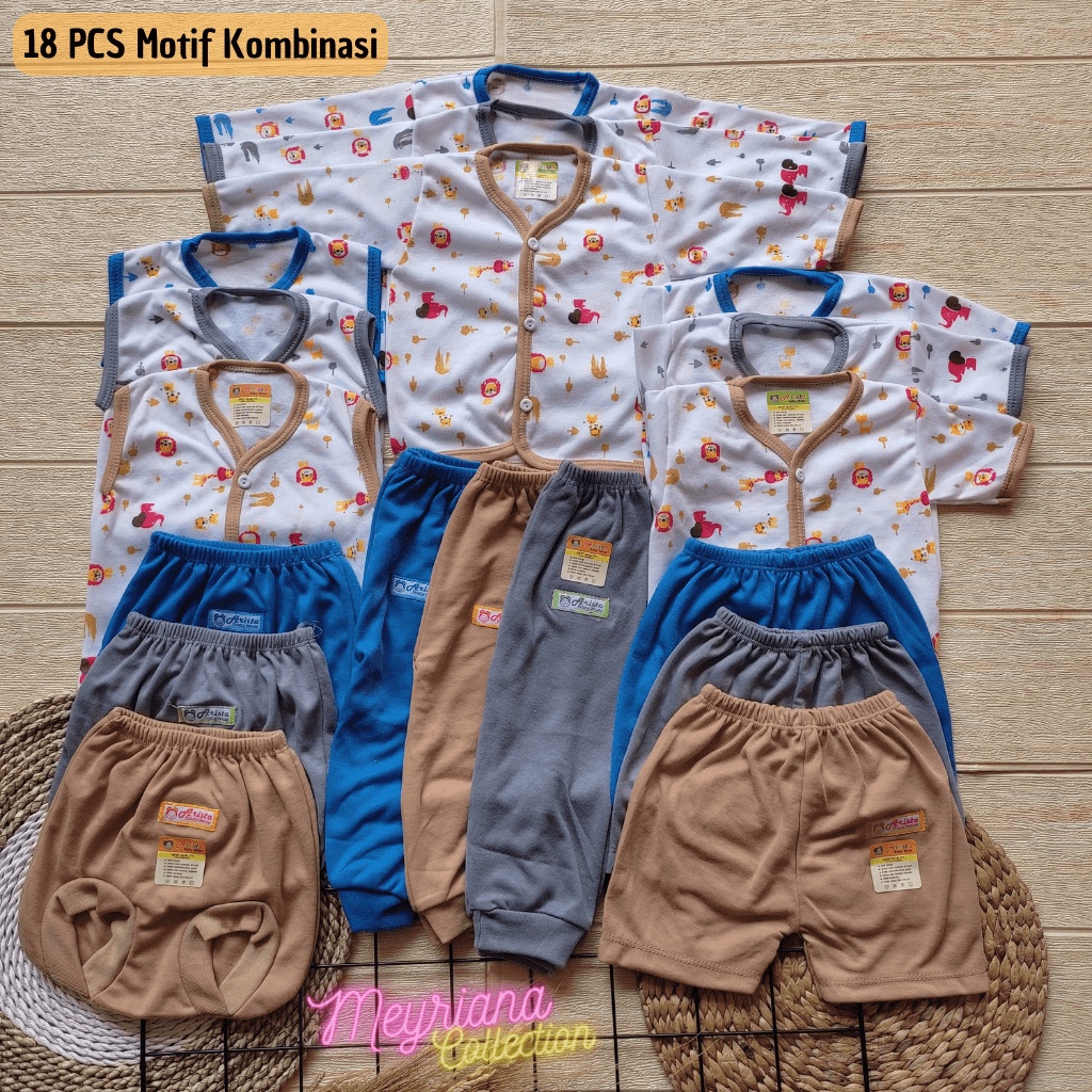 18 PCS Baju Bayi Baru Lahir dan Celana Bayi Seri Motif KOMBINASI Polos Meyriana Collection