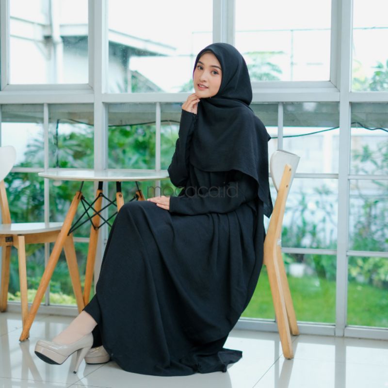 abaya set premium sudah dengan kerudung hitam ada saku sleting lengan panjang free size